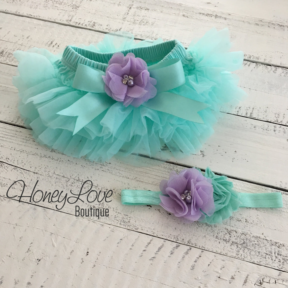 Mint/Aqua and Lavender Purple Embellished tutu skirt bloomers and headband - HoneyLoveBoutique