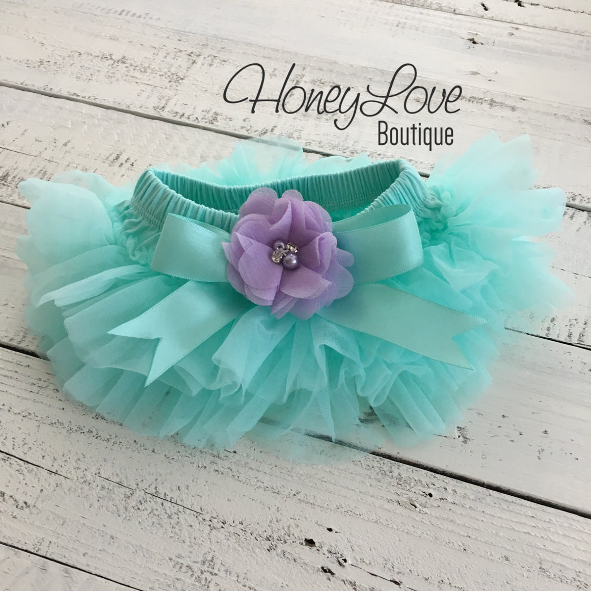 Mint/Aqua and Lavender Purple Embellished tutu skirt bloomers and headband - HoneyLoveBoutique