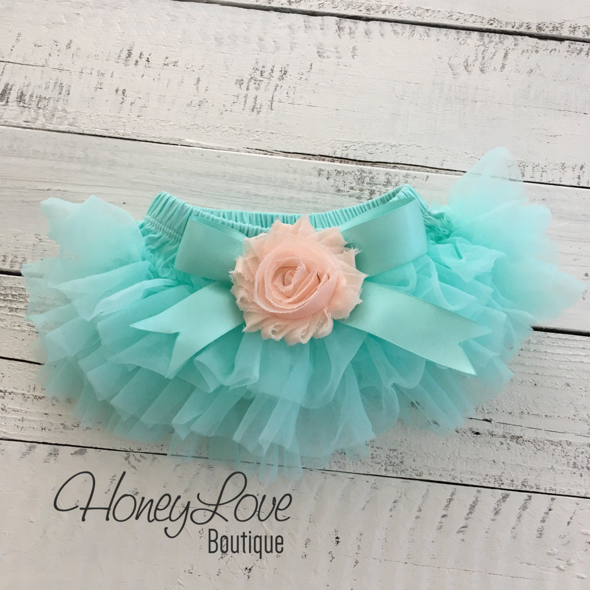 Mint/Aqua and Peach Embellished tutu skirt bloomers - HoneyLoveBoutique