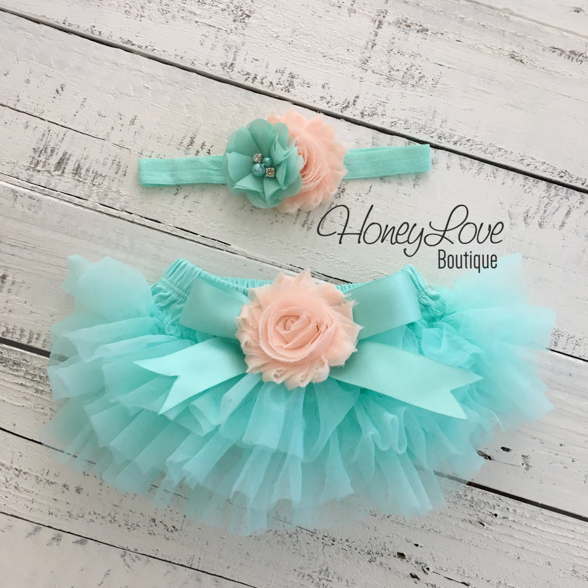 Mint/Aqua and Peach Embellished tutu skirt bloomers and headband - HoneyLoveBoutique