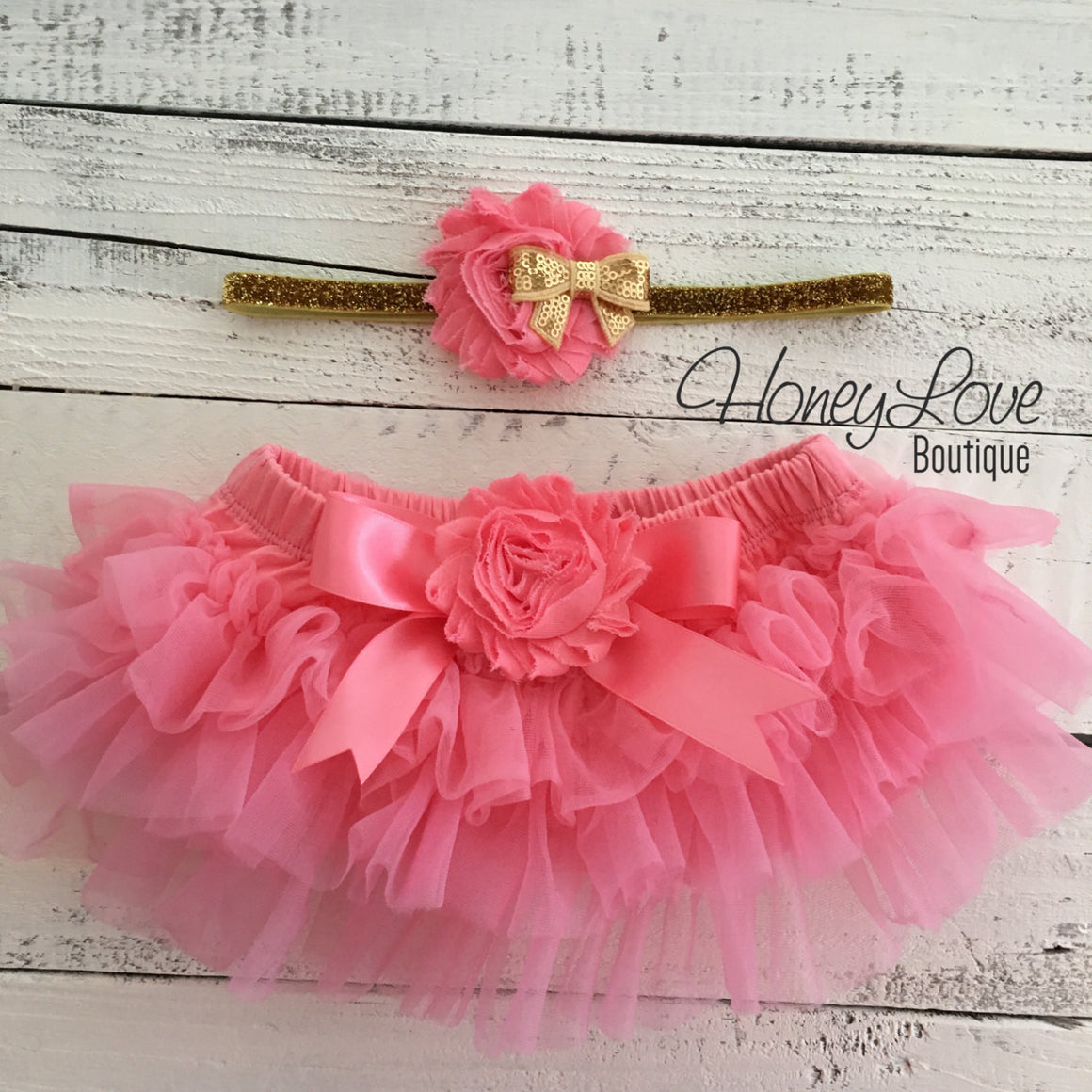 PERSONALIZED Name Outfit - Gold Glitter and Coral Pink - embellished tutu skirt bloomer - HoneyLoveBoutique