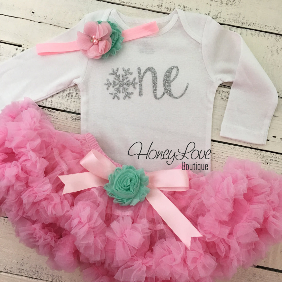 Winter ONEderland 1st Birthday outfit - Light Pink, Mint/Aqua and Silver glitter - HoneyLoveBoutique