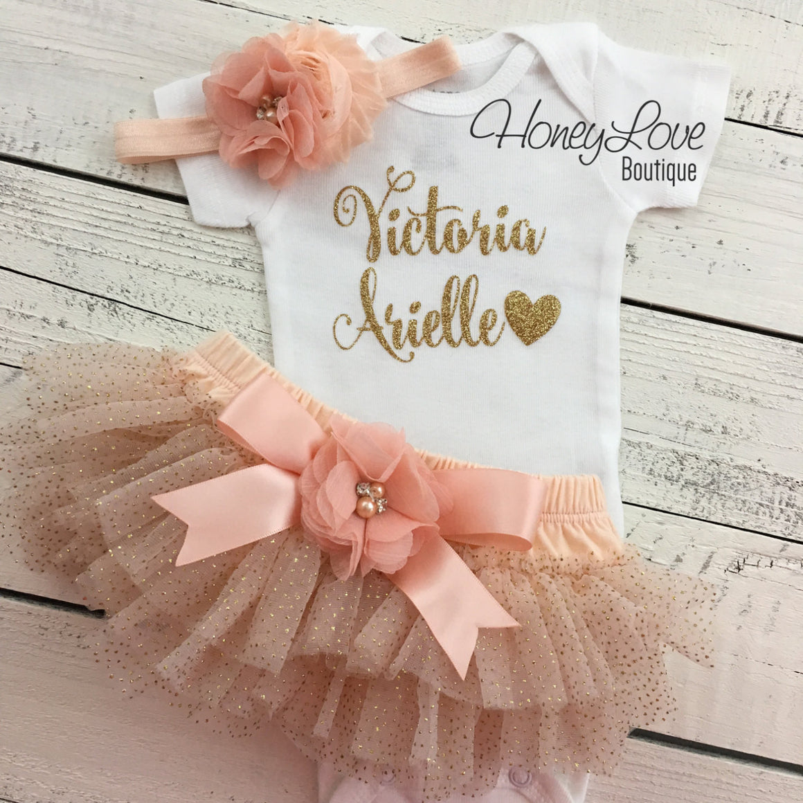 PERSONALIZED Name Outfit - Peach and Gold Glitter - embellished bloomer - HoneyLoveBoutique