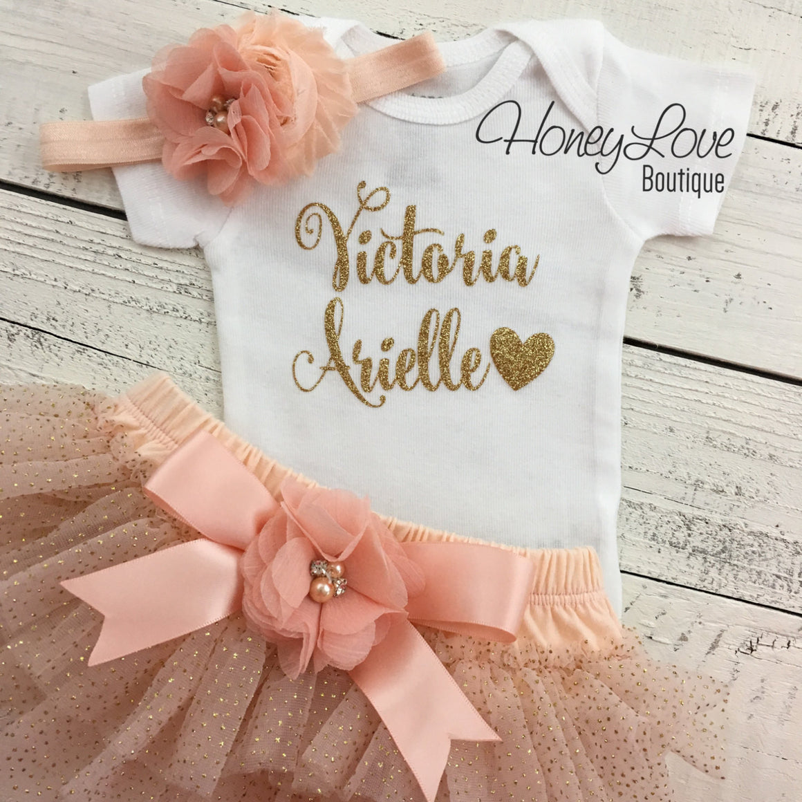 PERSONALIZED Name Outfit - Peach and Gold Glitter - embellished bloomer - HoneyLoveBoutique