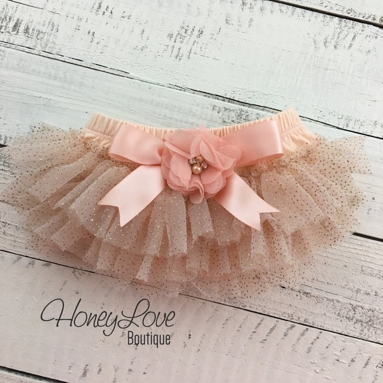 Peach with gold glitter tutu skirt bloomers - embellished tutu skirt bloomers - HoneyLoveBoutique