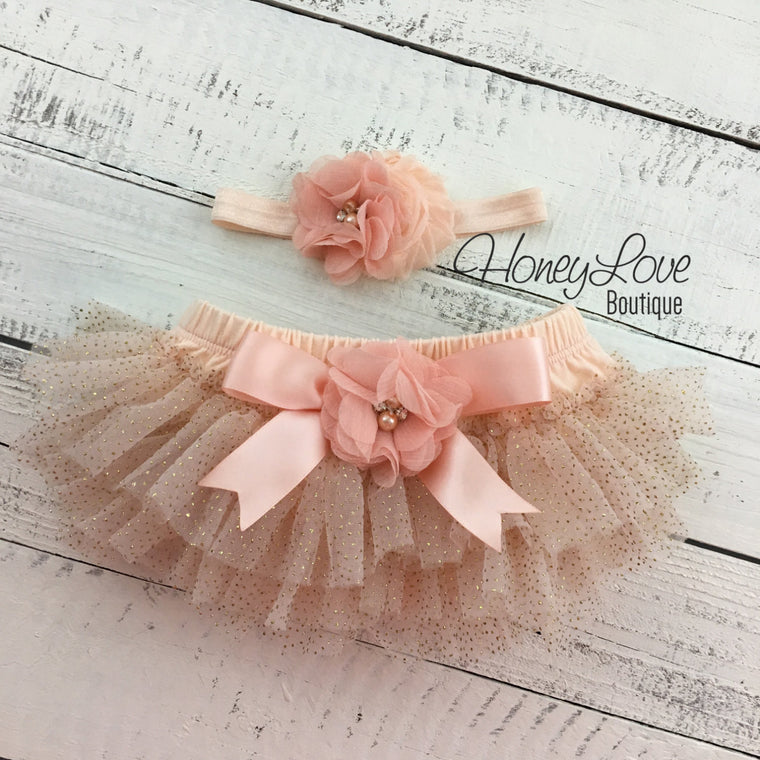 Peach and gold glitter tutu skirt bloomer with matching headband - embellished tutu skirt bloomers - HoneyLoveBoutique