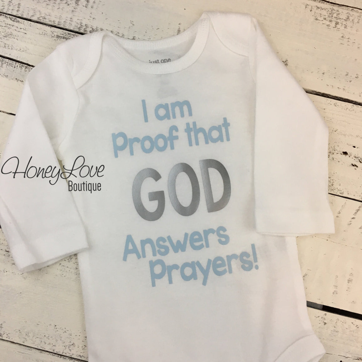 I am Proof that GOD Answers Prayers! Light Blue and Silver - HoneyLoveBoutique