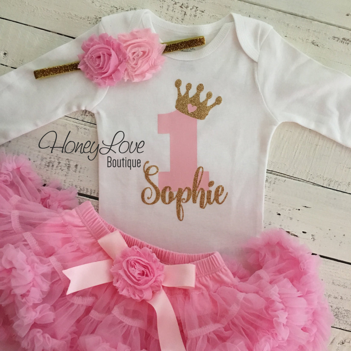 Personalized 1st Birthday Princess outfit - Gold Glitter and Light Pink - embellished pettiskirt - HoneyLoveBoutique