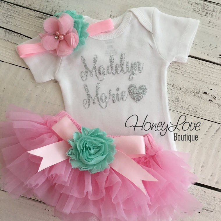 PERSONALIZED Name Outfit - Light Pink and Silver Glitter - Mint/Aqua flower embellished tutu skirt bloomers - HoneyLoveBoutique