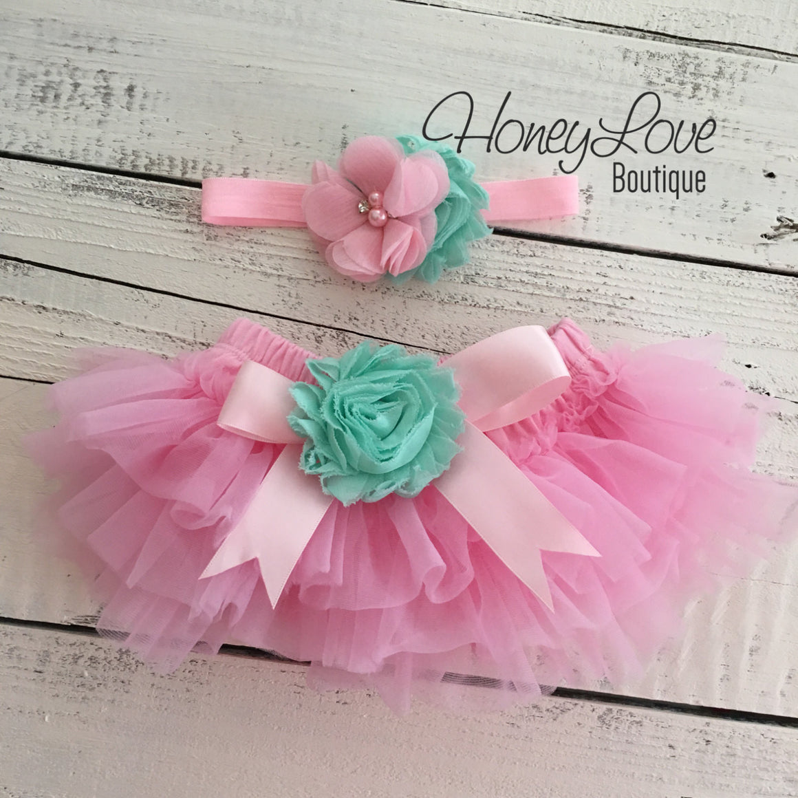 PERSONALIZED Name Outfit - Light Pink and Gold Glitter - Mint/Aqua flower embellished tutu skirt bloomers - HoneyLoveBoutique