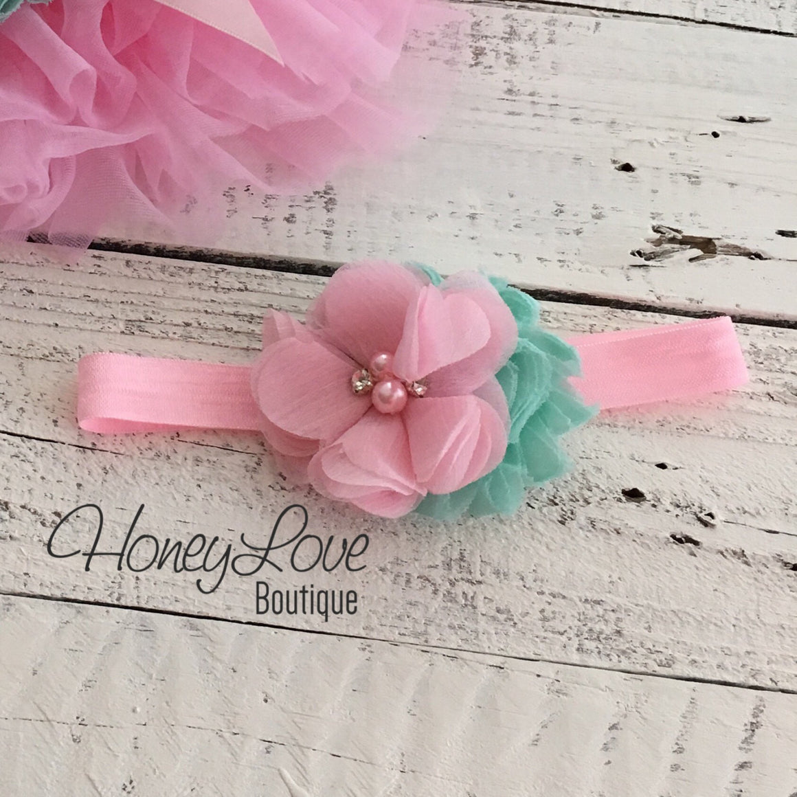 Light Pink and Mint/Aqua Embellished tutu skirt bloomers and headband - HoneyLoveBoutique