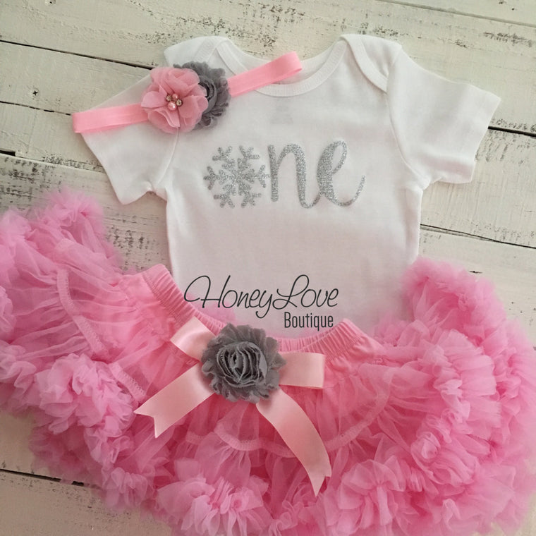 Winter ONEderland 1st Birthday outfit - Light Pink, Gray and Silver glitter - HoneyLoveBoutique