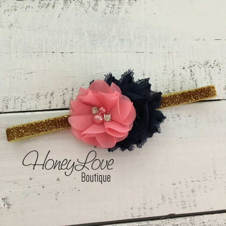 Coral and Navy - Silver or Gold glitter headband - HoneyLoveBoutique