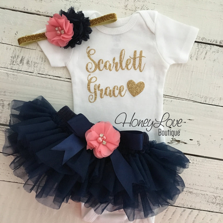 PERSONALIZED Name Outfit -  Navy Blue and Gold Glitter - Coral Pink rhinestone/pearl flower embellished tutu skirt bloomers - HoneyLoveBoutique