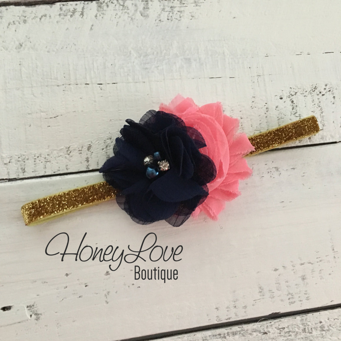 Navy Blue tutu skirt bloomers - embellished Coral shabby flower - with matching headband - HoneyLoveBoutique