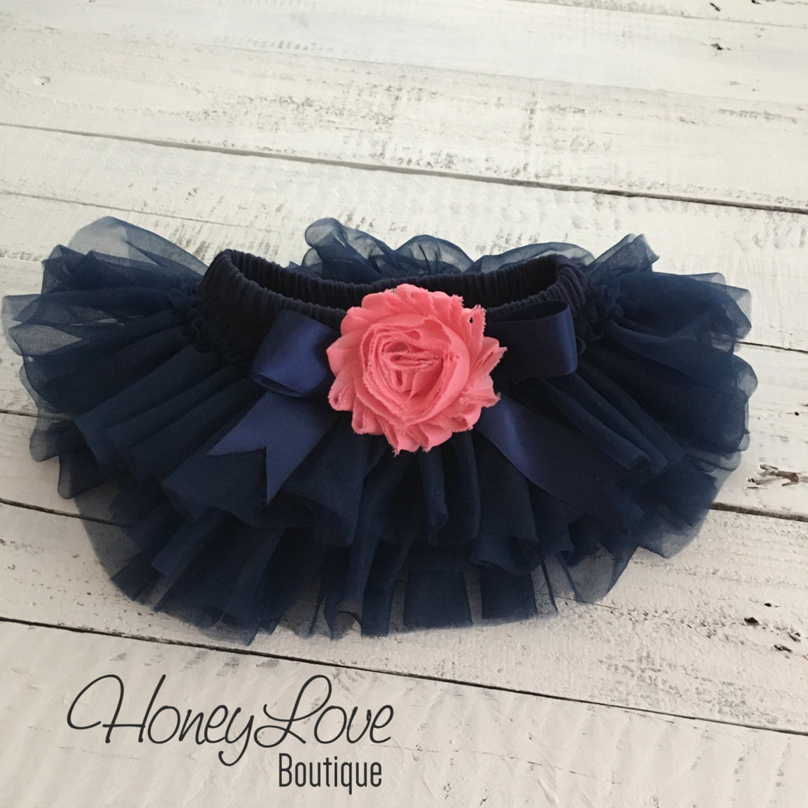 Navy Blue tutu skirt bloomers - embellished Coral shabby flower - with matching headband - HoneyLoveBoutique