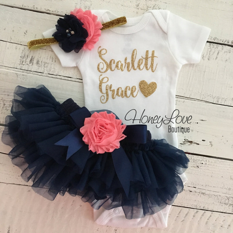 PERSONALIZED Name Outfit - Navy Blue and Gold Glitter - Coral pink shabby flower embellished tutu skirt bloomers - HoneyLoveBoutique