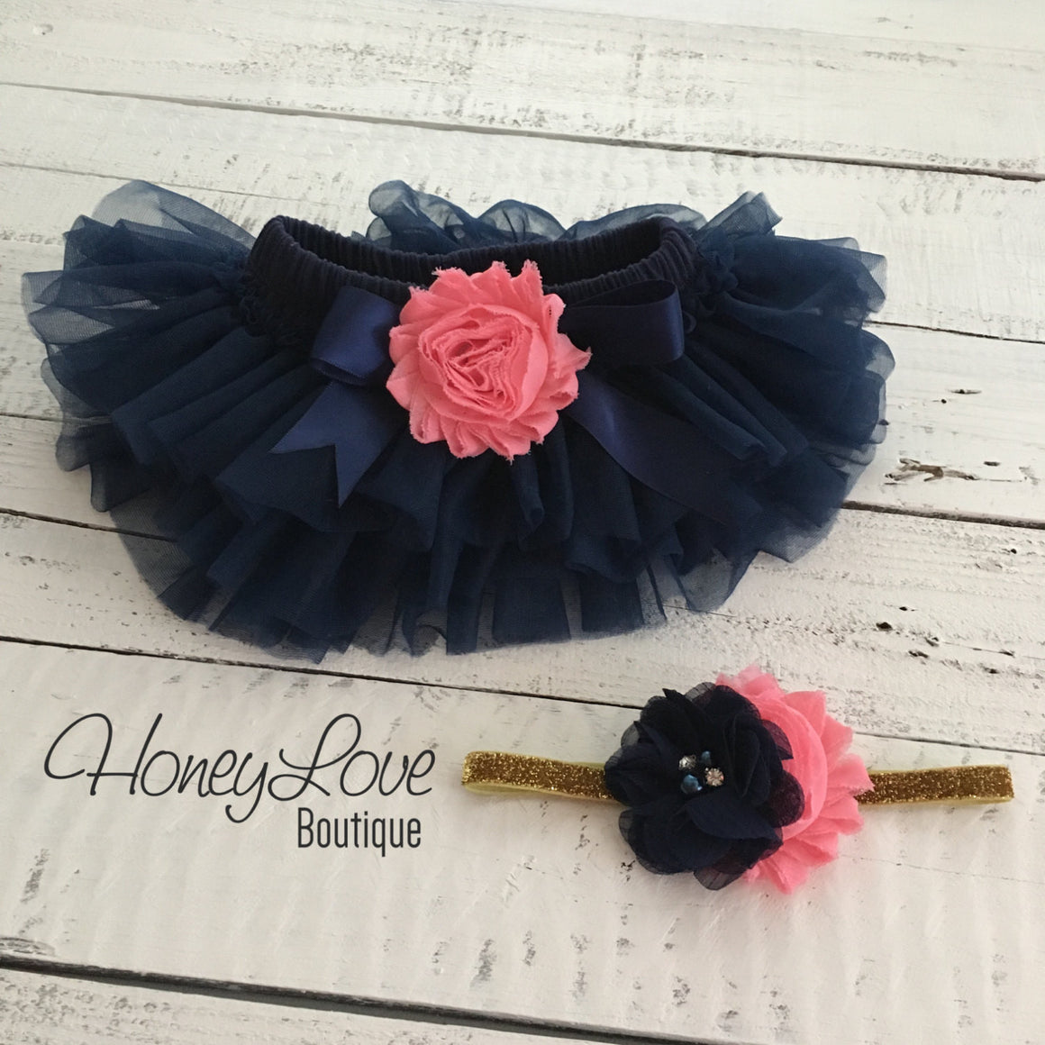 PERSONALIZED Name Outfit - Navy Blue and Gold Glitter - Coral pink shabby flower embellished tutu skirt bloomers - HoneyLoveBoutique