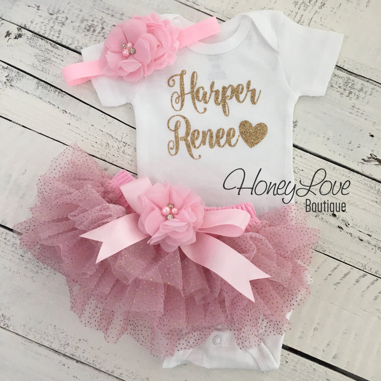 PERSONALIZED Name Outfit - Light Pink and Gold Glitter - embellished tutu skirt bloomers - HoneyLoveBoutique