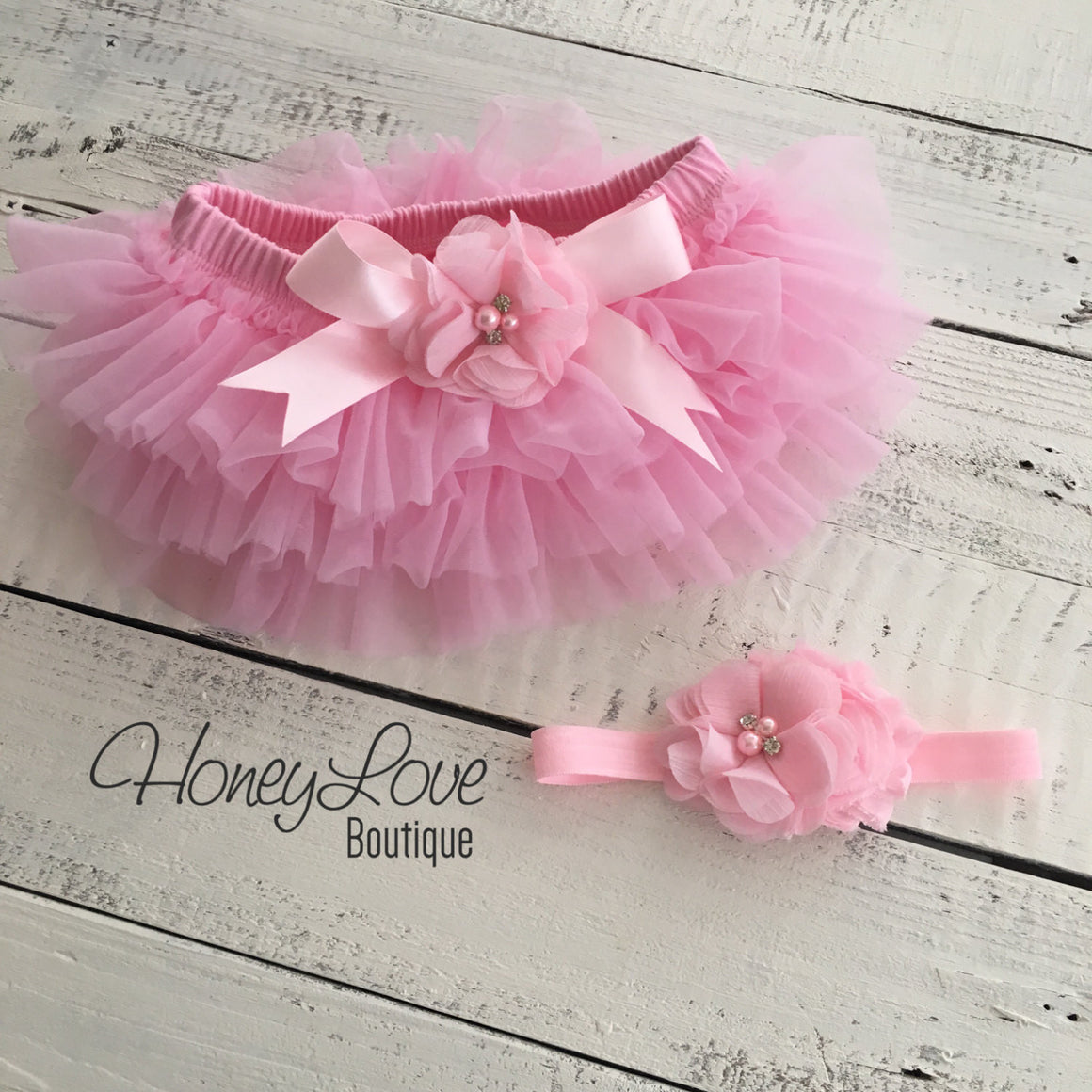 Light Pink embellished tutu skirt bloomers and matching headband - HoneyLoveBoutique