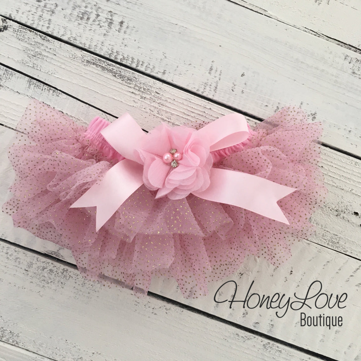 Light Pink with gold glitter embellished tutu skirt bloomers and matching headband - HoneyLoveBoutique