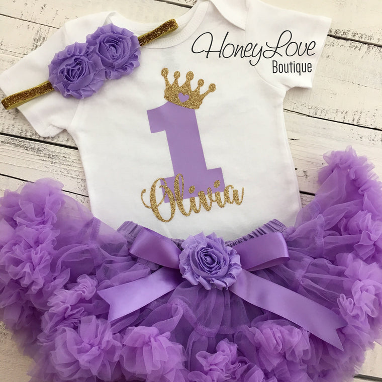 Personalized 1st Birthday Princess outfit - Gold glitter and Lavender Purple - embellished pettiskirt - HoneyLoveBoutique