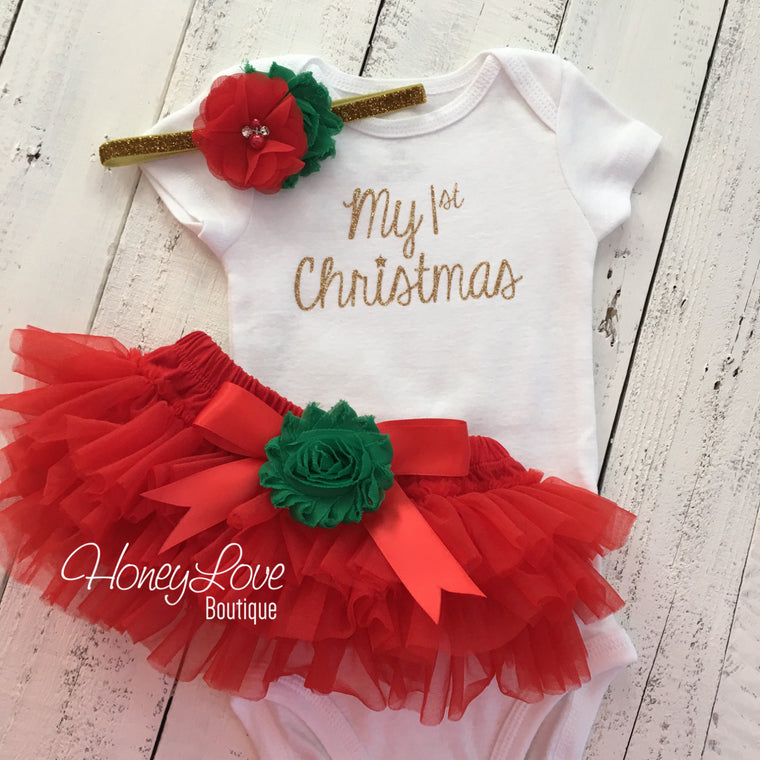 My 1st Christmas Outfit -  Gold/Silver -  Red, Green and Glitter - Embellished tutu skirt bloomers - HoneyLoveBoutique