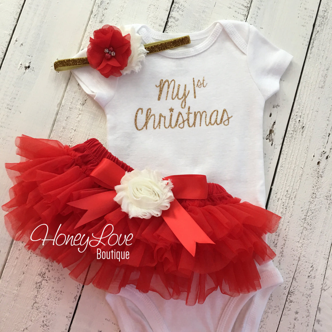 My 1st Christmas Outfit -  Gold/Silver -  Red, Ivory and Glitter - Embellished tutu skirt bloomers - HoneyLoveBoutique