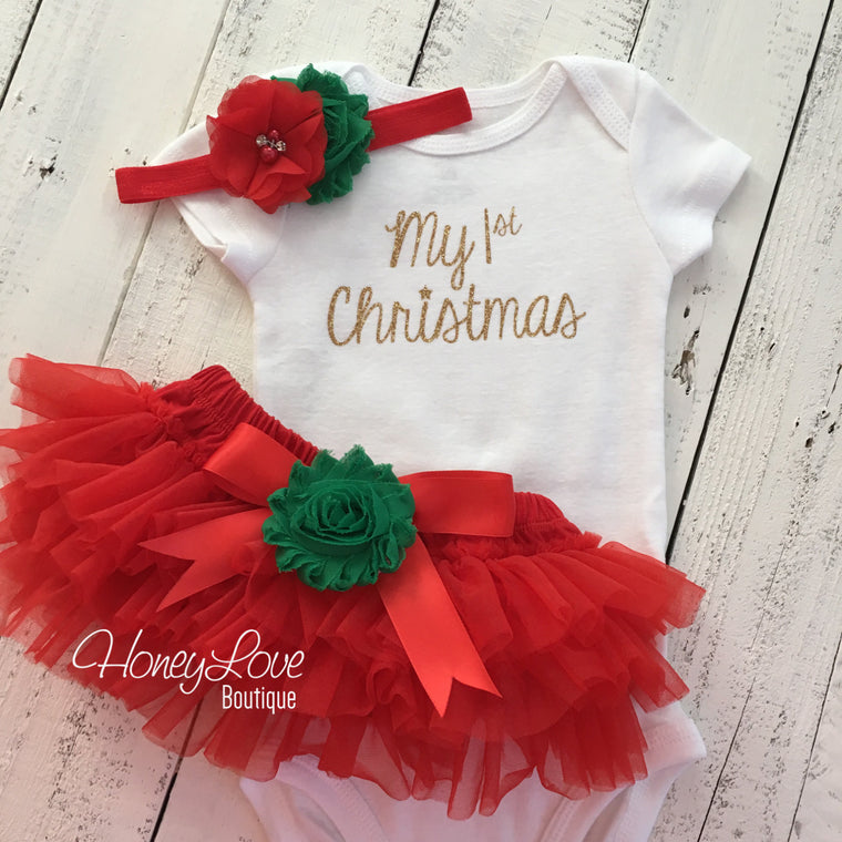 My 1st Christmas Outfit -  Gold/Silver -  Red and Green - Embellished tutu skirt bloomers - HoneyLoveBoutique