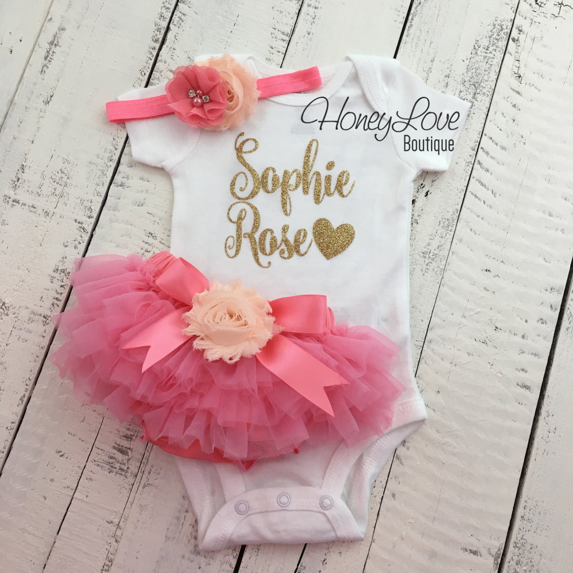 PERSONALIZED Name Outfit - Coral Pink and Gold Glitter - Peach flower embellished tutu skirt bloomers - HoneyLoveBoutique