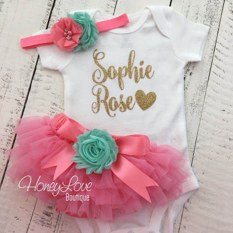 PERSONALIZED Name Outfit - Coral Pink and Gold Glitter - Mint/Aqua flower embellished tutu skirt bloomers - HoneyLoveBoutique