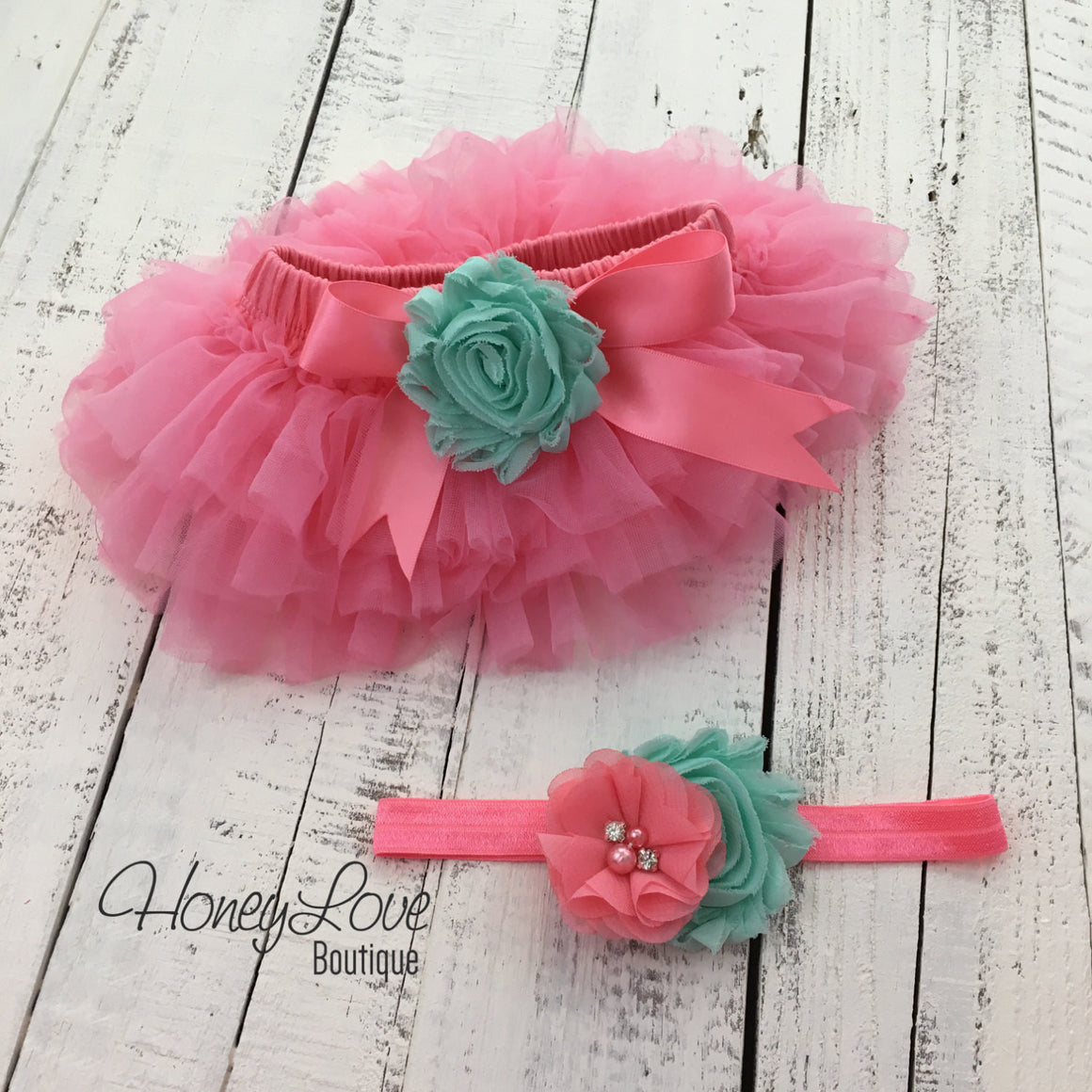 PERSONALIZED Name Outfit - Coral Pink and Gold Glitter - Mint/Aqua flower embellished tutu skirt bloomers - HoneyLoveBoutique