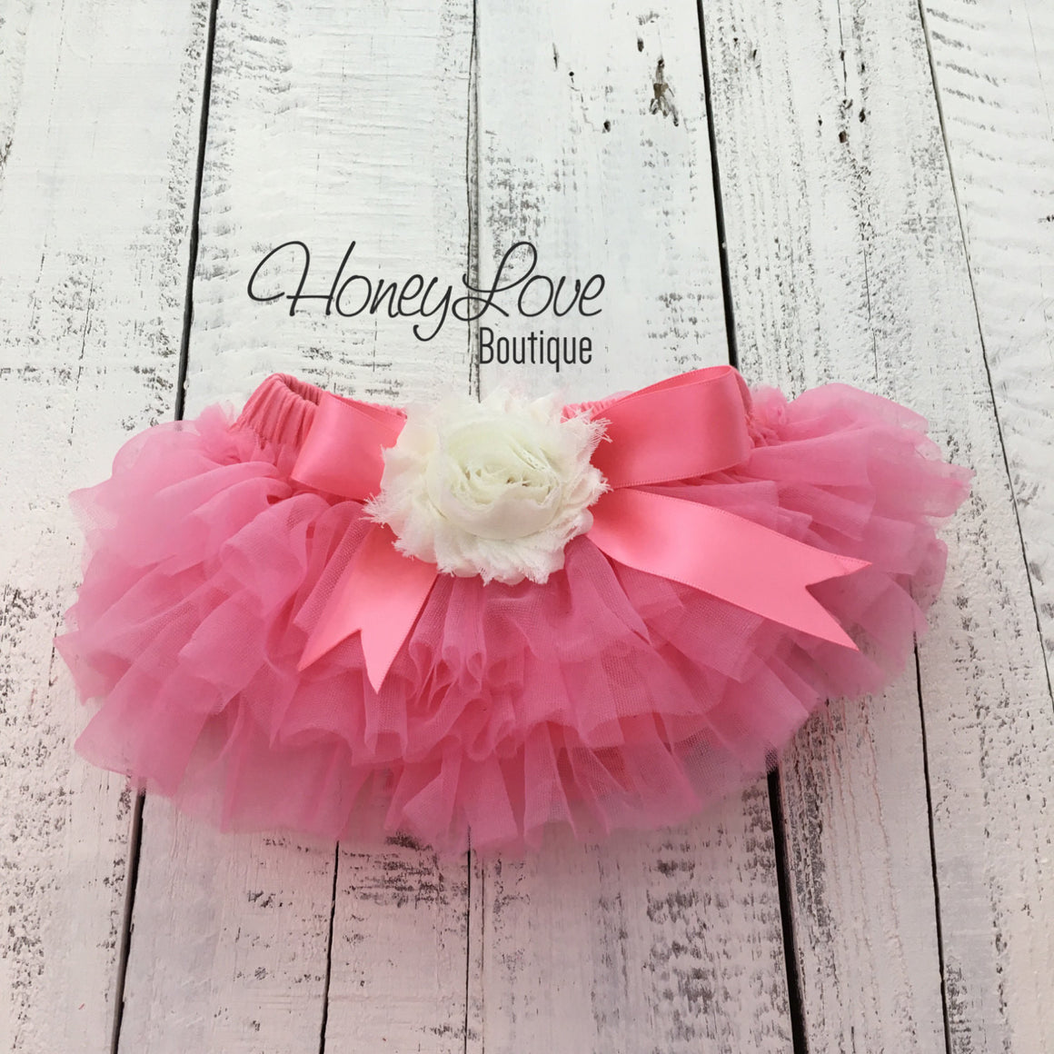 PERSONALIZED Name Outfit - Coral Pink and Gold Glitter - Ivory flower embellished tutu skirt bloomers - HoneyLoveBoutique