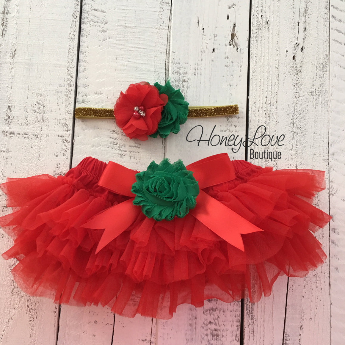 Red/Green Embellished tutu skirt bloomers and Gold/Silver glitter headband - HoneyLoveBoutique