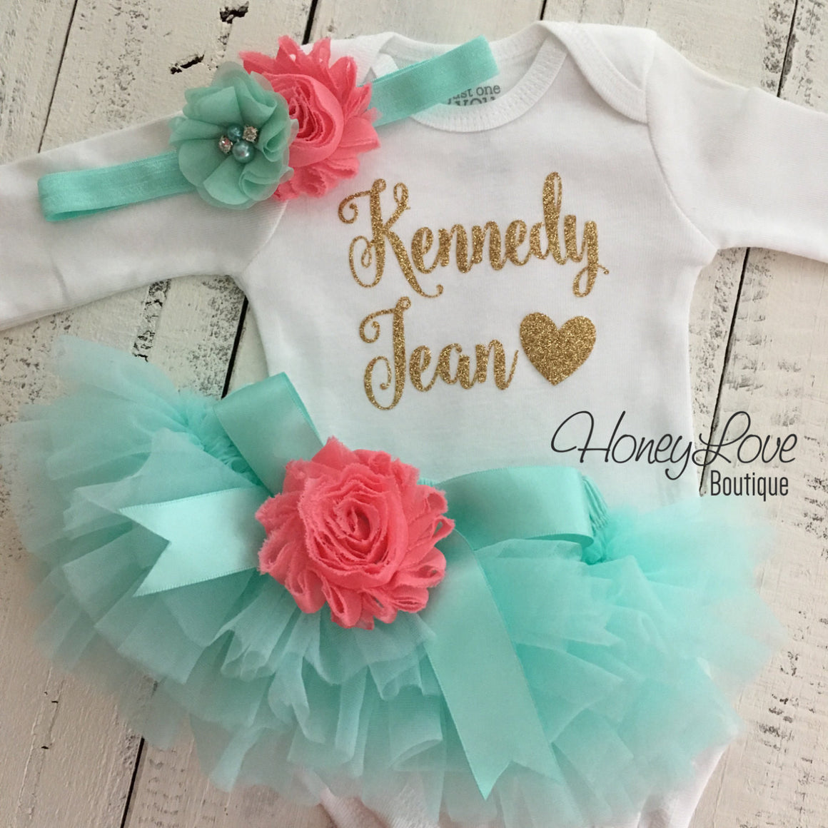 PERSONALIZED Name Outfit - Mint/Aqua and Gold Glitter - Coral flower embellished tutu skirt bloomers - HoneyLoveBoutique