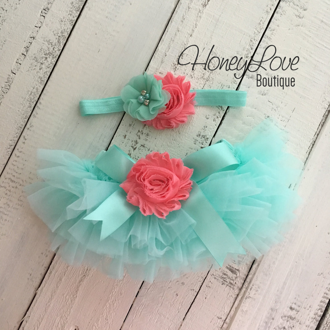 PERSONALIZED Name Outfit - Mint/Aqua and Gold Glitter - Coral flower embellished tutu skirt bloomers - HoneyLoveBoutique