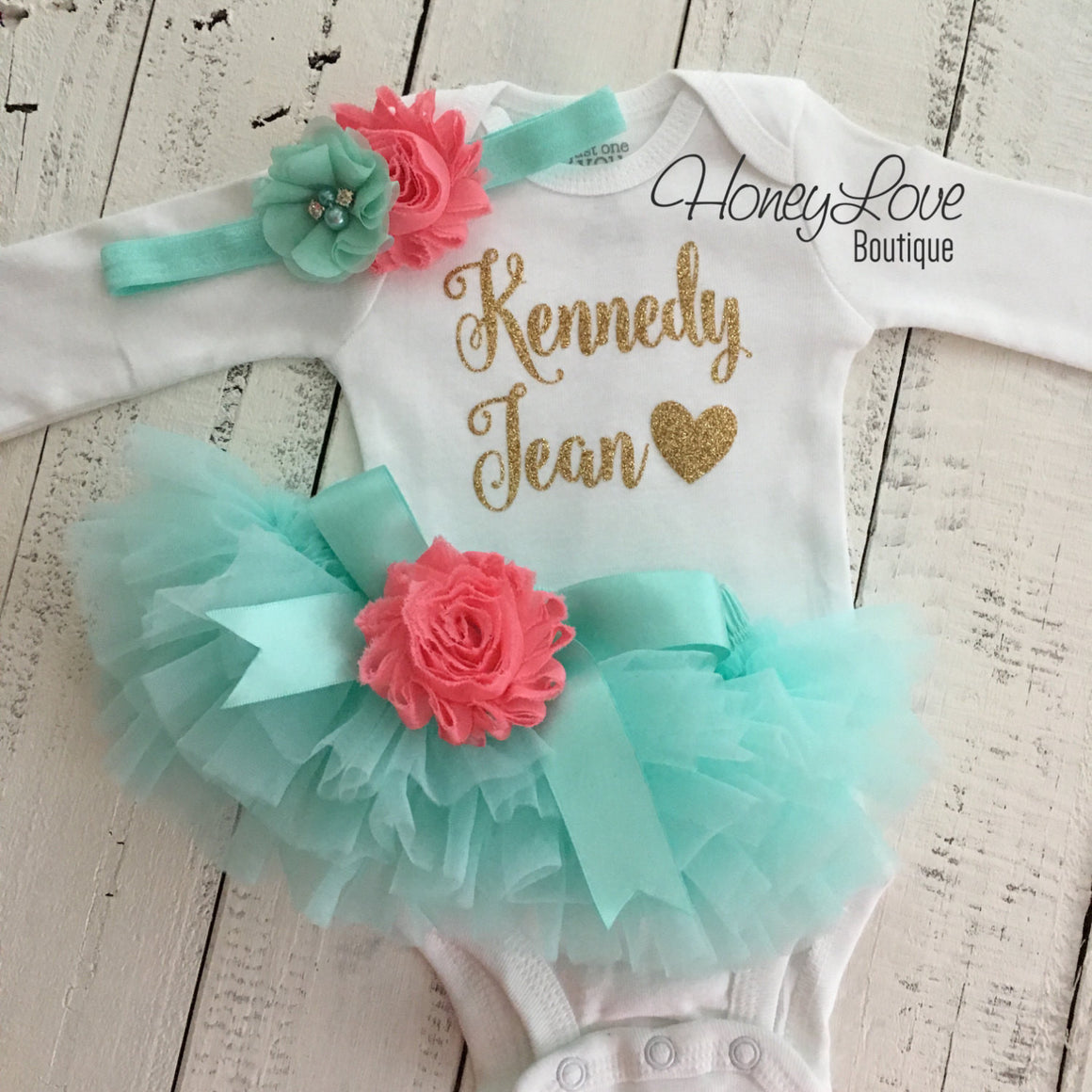 PERSONALIZED Name Outfit - Mint/Aqua and Gold Glitter - Coral flower embellished tutu skirt bloomers - HoneyLoveBoutique