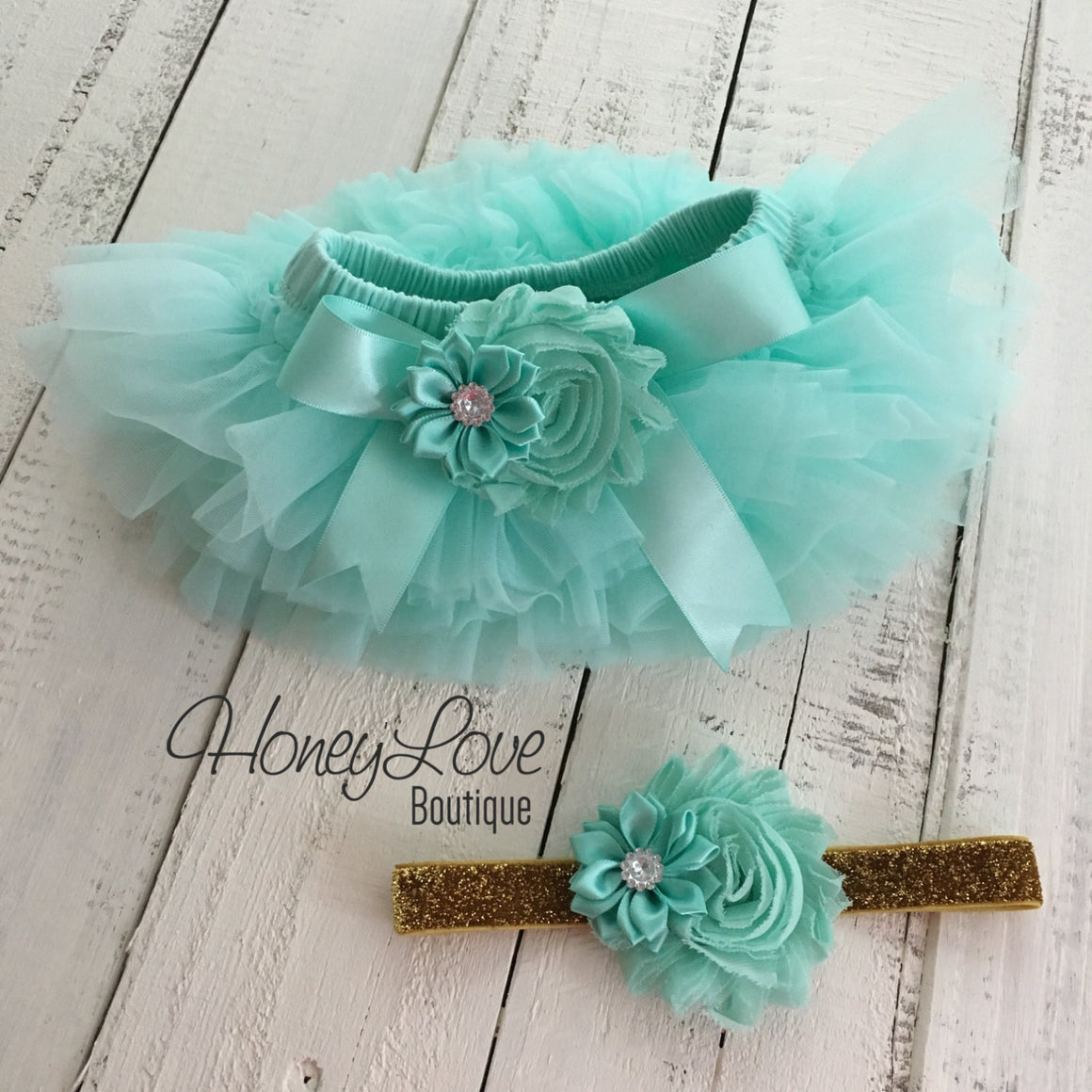 PERSONALIZED Name Outfit - Gold Glitter and Mint/Aqua - Embellished bloomers - HoneyLoveBoutique