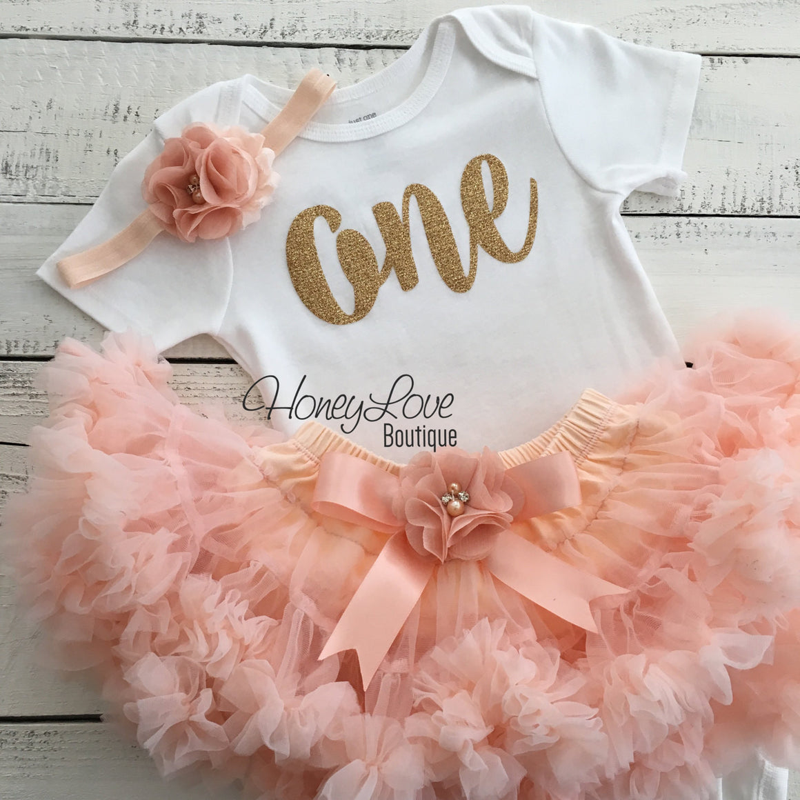 One - Birthday Outfit - Gold glitter and Peach - embellished pettiskirt - HoneyLoveBoutique