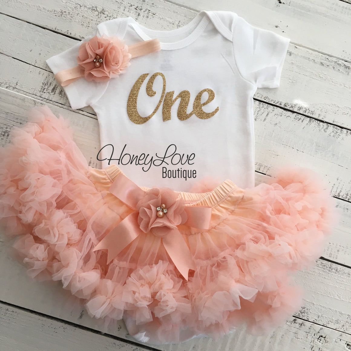 One - Birthday Outfit - Gold glitter and Peach - embellished pettiskirt - HoneyLoveBoutique