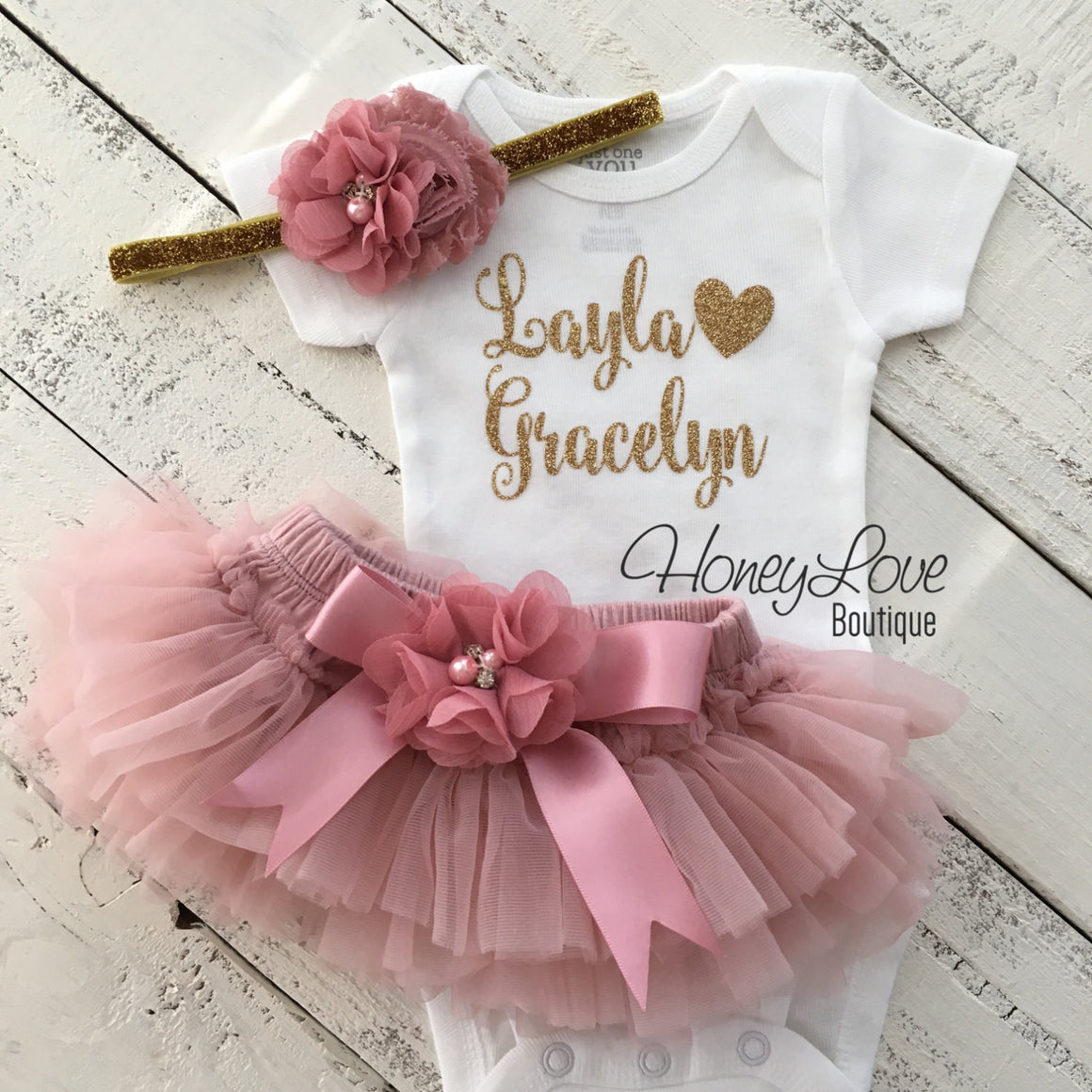 PERSONALIZED Name Outfit - Gold Glitter and Vintage Pink - Embellished tutu skirt bloomers - HoneyLoveBoutique
