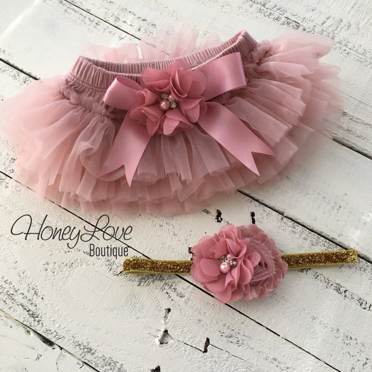 Vintage Pink tutu skirt bloomers and gold glitter headband - embellished bloomers - HoneyLoveBoutique