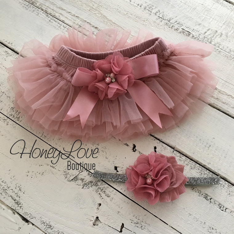 Vintage Pink tutu skirt bloomers and silver glitter headband - embellished bloomers - HoneyLoveBoutique