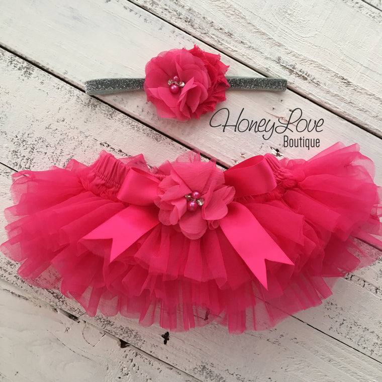 Watermelon Pink tutu skirt bloomers and silver glitter headband - embellished bloomer - HoneyLoveBoutique