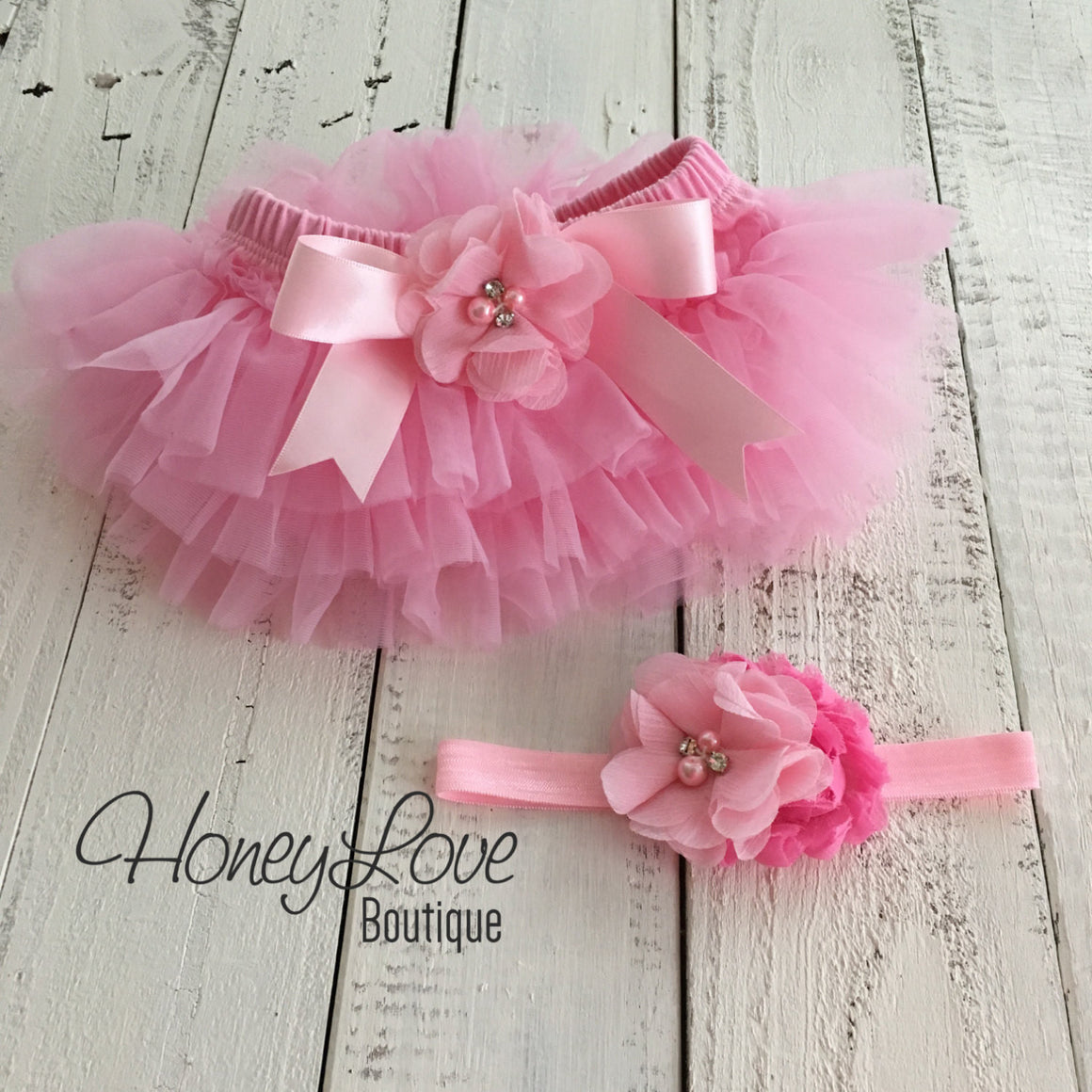 Light Pink tutu skirt bloomers and Light Pink/Bubblegum Pink flower headband - Embellished bloomers - HoneyLoveBoutique