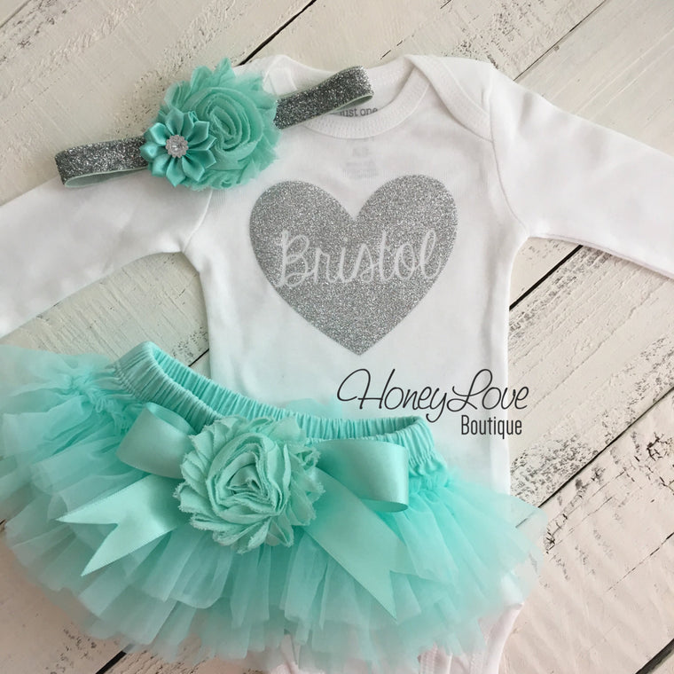 PERSONALIZED Name inside Heart - Silver Glitter and Mint/Aqua - Embellished tutu skirt bloomers - HoneyLoveBoutique