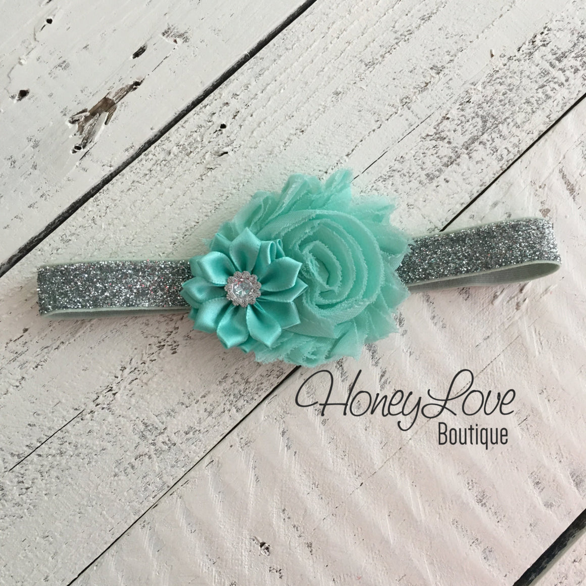 Mint/Aqua Embellished tutu skirt bloomers and silver glitter headband - HoneyLoveBoutique