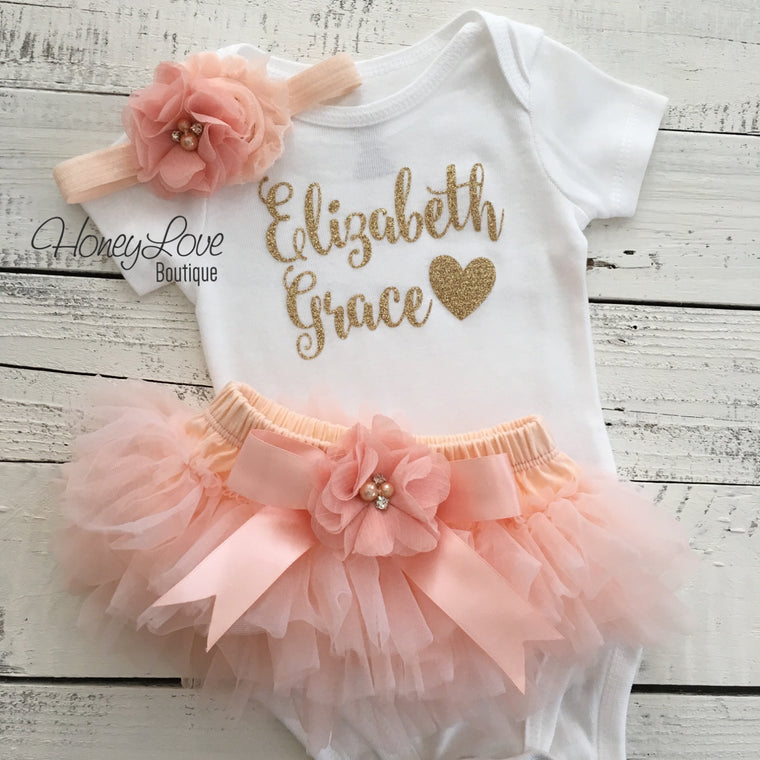 PERSONALIZED Name Outfit - Gold Glitter and Peach - embellished tutu skirt bloomers - HoneyLoveBoutique