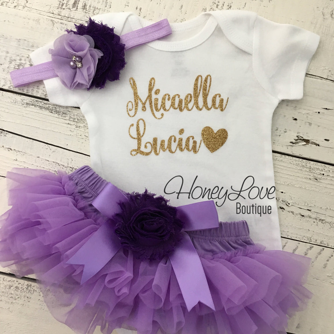 PERSONALIZED Name Outfit - Gold Glitter and Lavender/Grape Purple - embellished bloomers - HoneyLoveBoutique