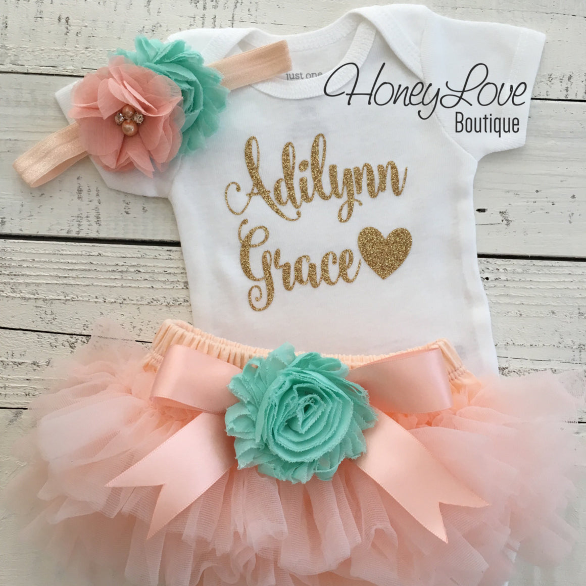 PERSONALIZED Name Outfit - Gold glitter and Peach/Mint/Aqua - embellished tutu skirt bloomers - HoneyLoveBoutique